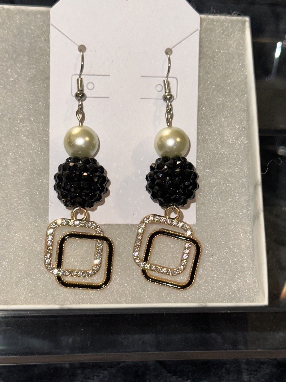 Handmade Elegant Black & Pearl Drop Earrings with Gold-Tone Squares